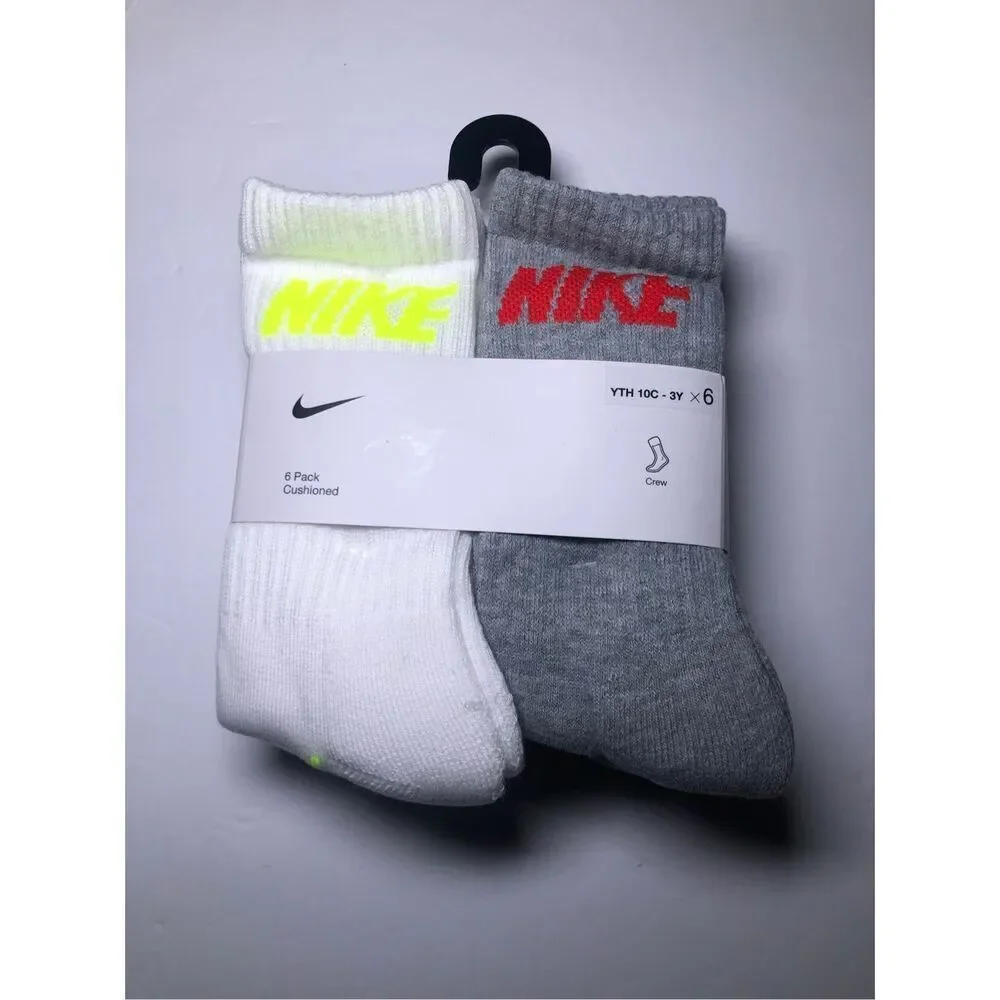 Nike Boys Cushioned Crew Socks 6 Pack (Grey/White) size 10C-3Y